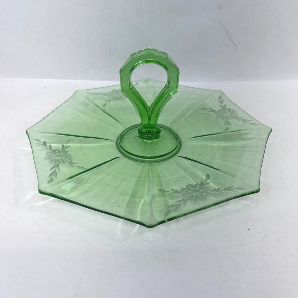Vintage Green Depression Glass Octagonal Tidbit Tray Etched Floral Center Handle